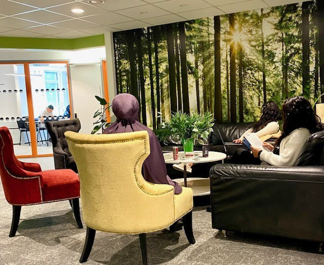 Tre kvinnor som sitter i soffor och förtölj med en bild på träd i bakgrunden